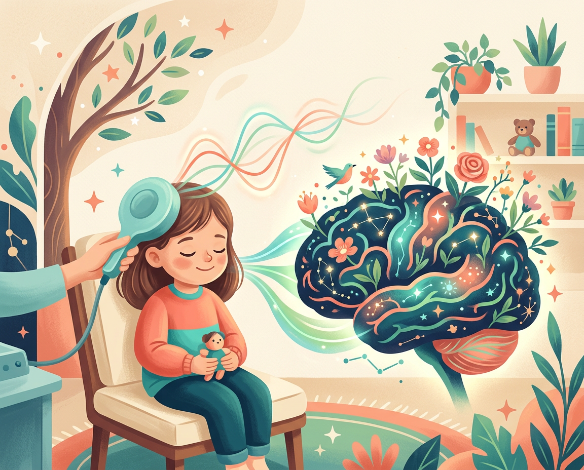 Ilustración: un niño en sesión de estimulación magnética transcraneal mientras su cerebro florece y se desarrolla